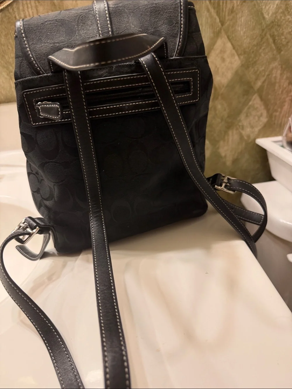 Coach Black Signature Monogram Backpack with Silver Hardware